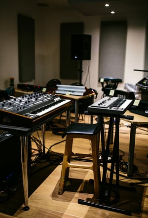 Inside the synth-filled live room before Adrian Utley and our dBs Music Students start their performance of 'In C' 